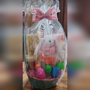 Easter Gift Basket with Plush Bunny, plastic Eggs, Tattoos, Pens, Baby Doll, Etc